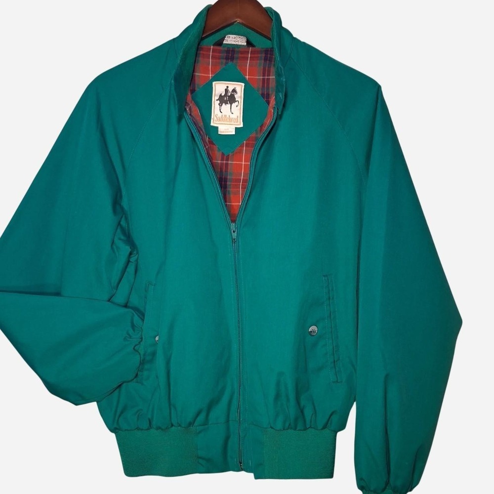 Mens Vintage Saddlebred Green Harrington Jacket with red & green Plaid Lining